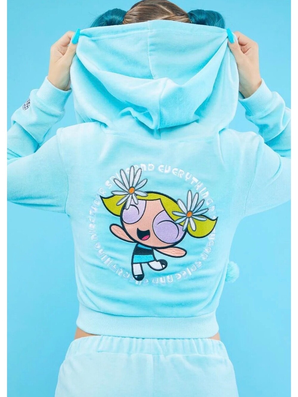 Light Blue Cropped Hoodie with Cartoon Embroidered Back, Pom